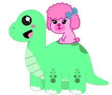Illustration of pink poodle riding a dinosaur